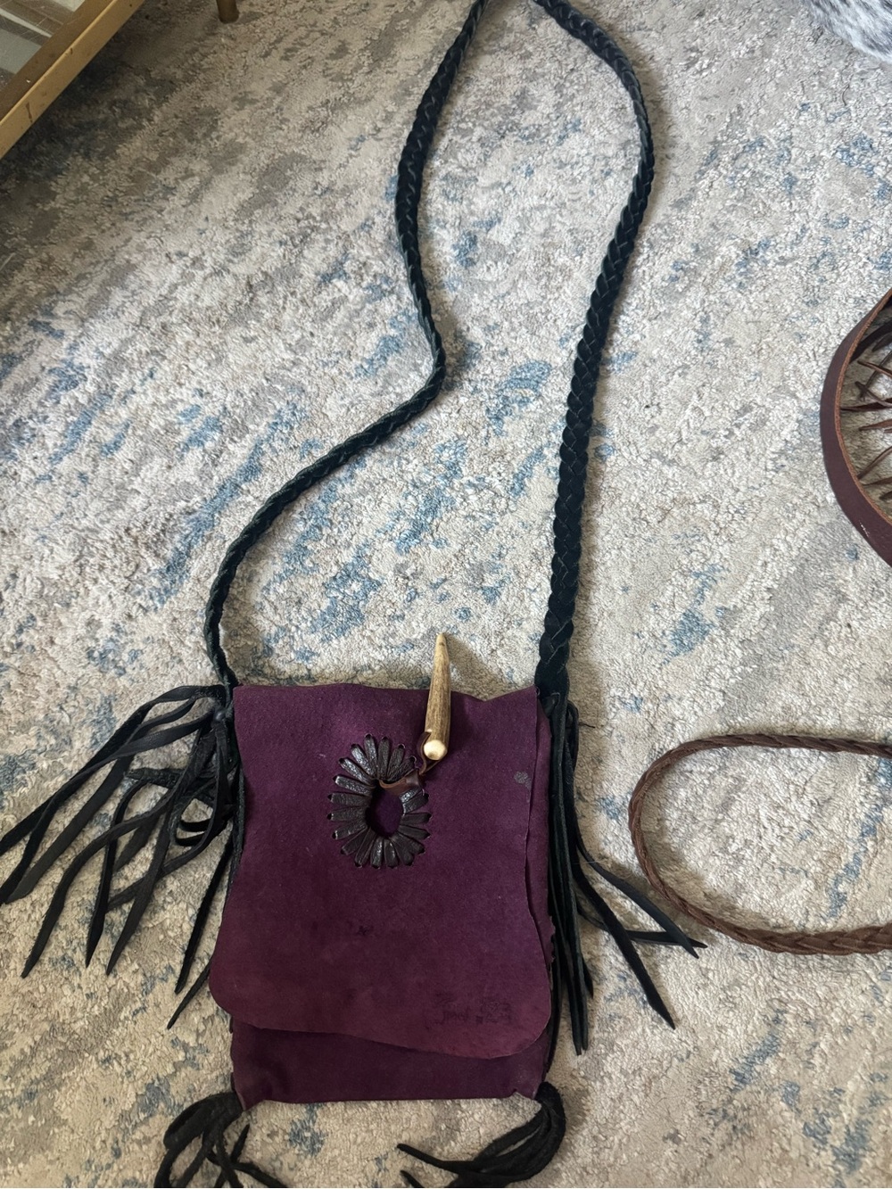 Purple Suede Fringe Crossbody Bag with Braided Strap